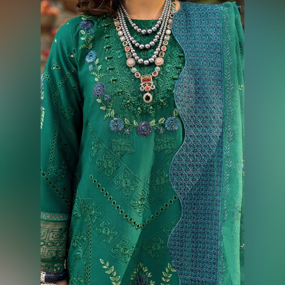 Elegant Green and Blue Embroidered Dress - Picture 4 of 5
